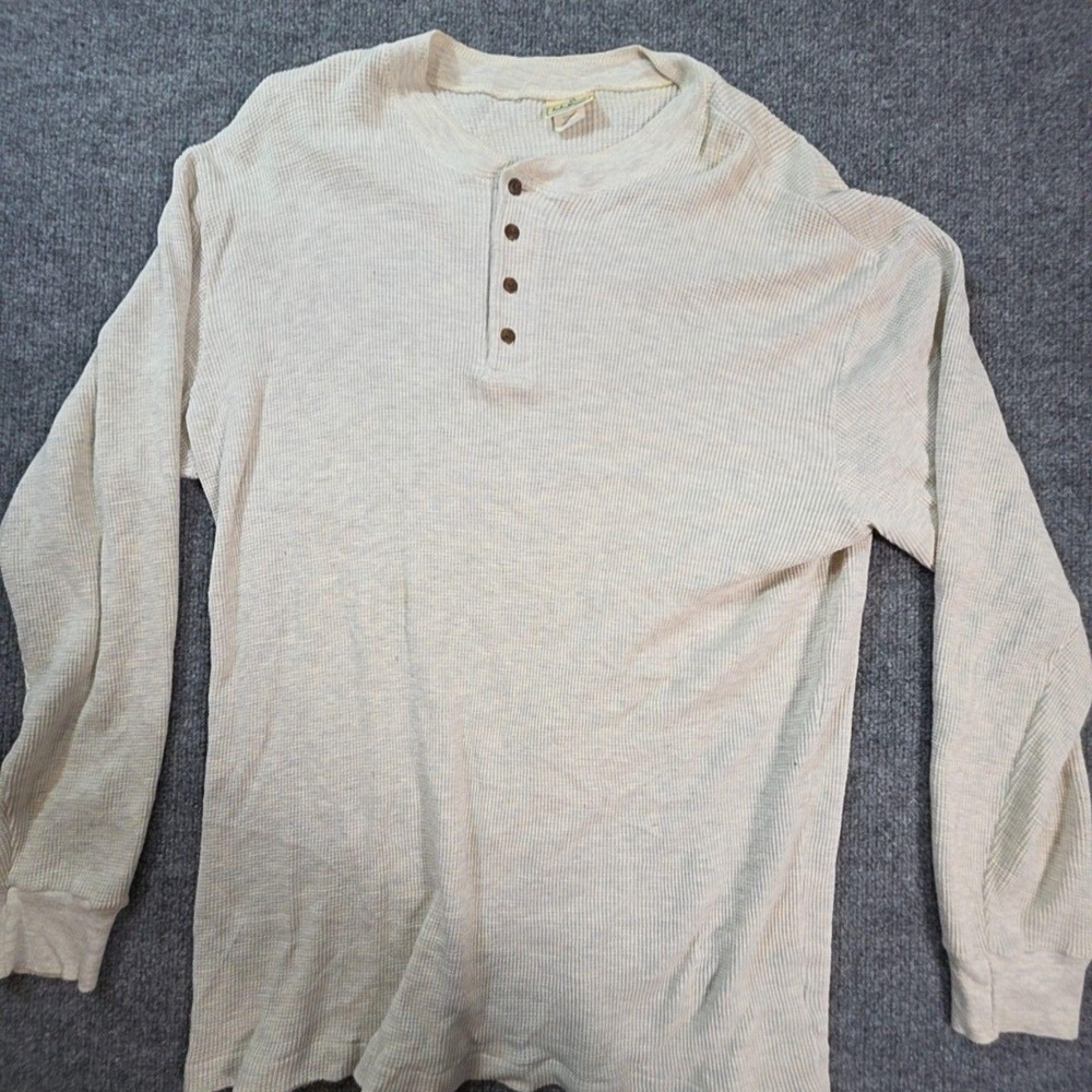 L.L. Bean Shirt Mens Large Beige Waffle Knit Thermal Henley Long Sleeve Top